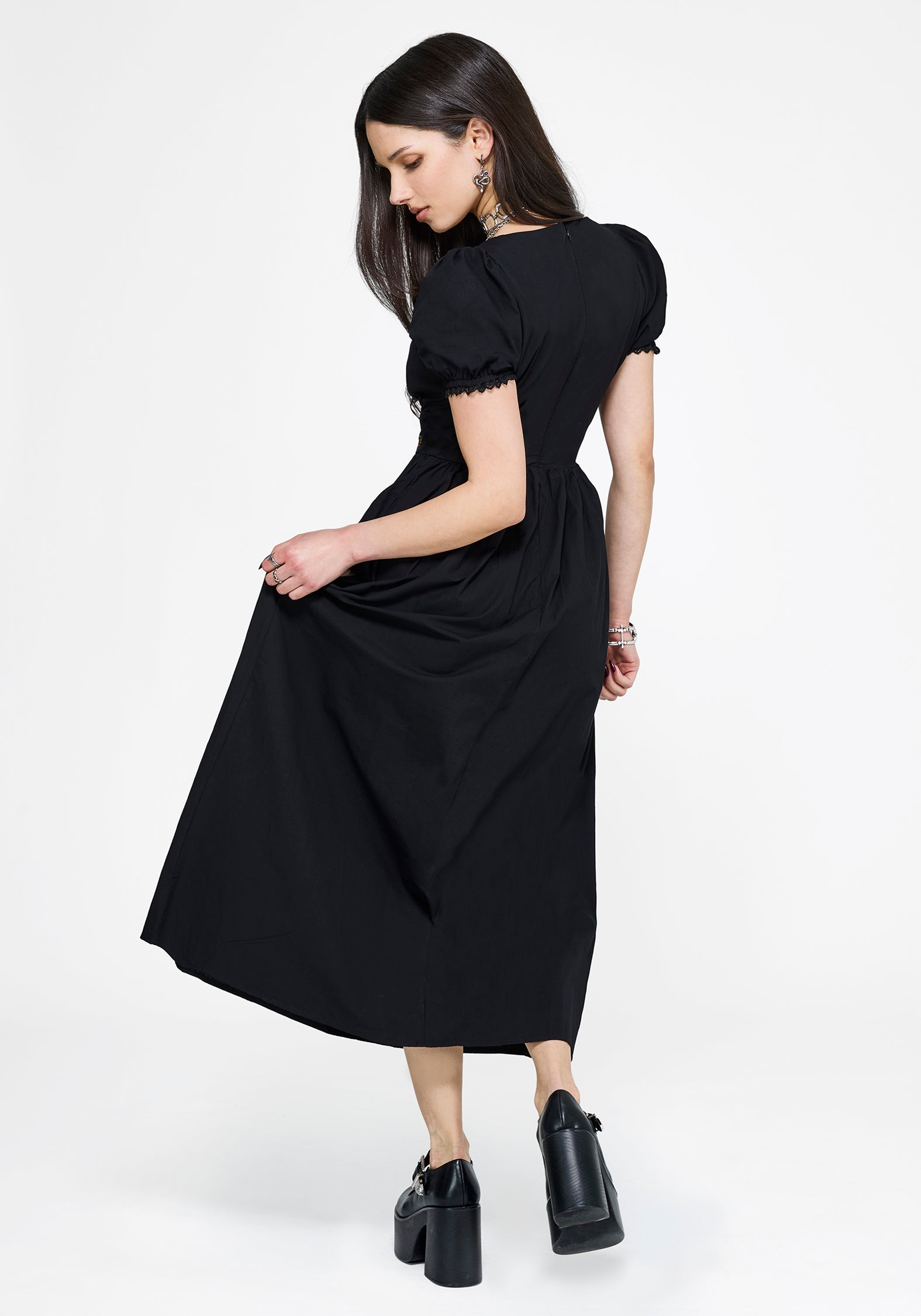 Arianwen Bestickt Puffärmel Ärmel Midaxi Kleid - Schwarz