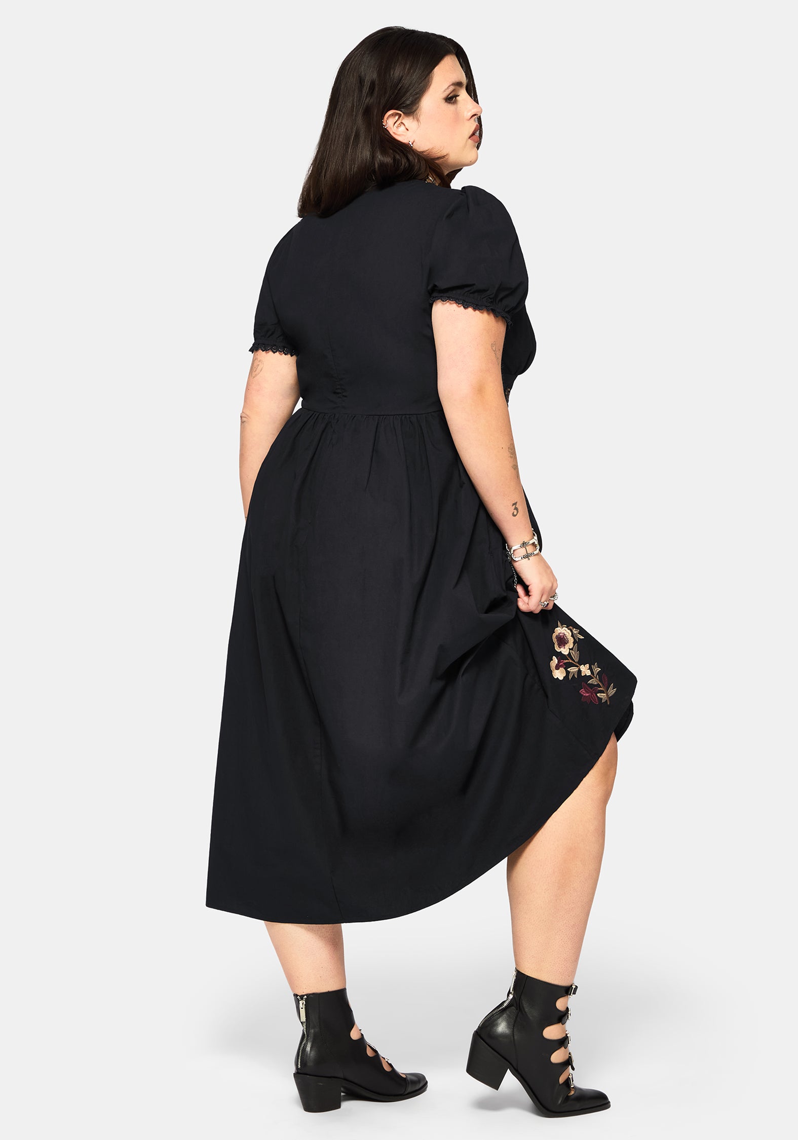 Arianwen Bestickt Puffärmel Ärmel Midaxi Kleid - Schwarz