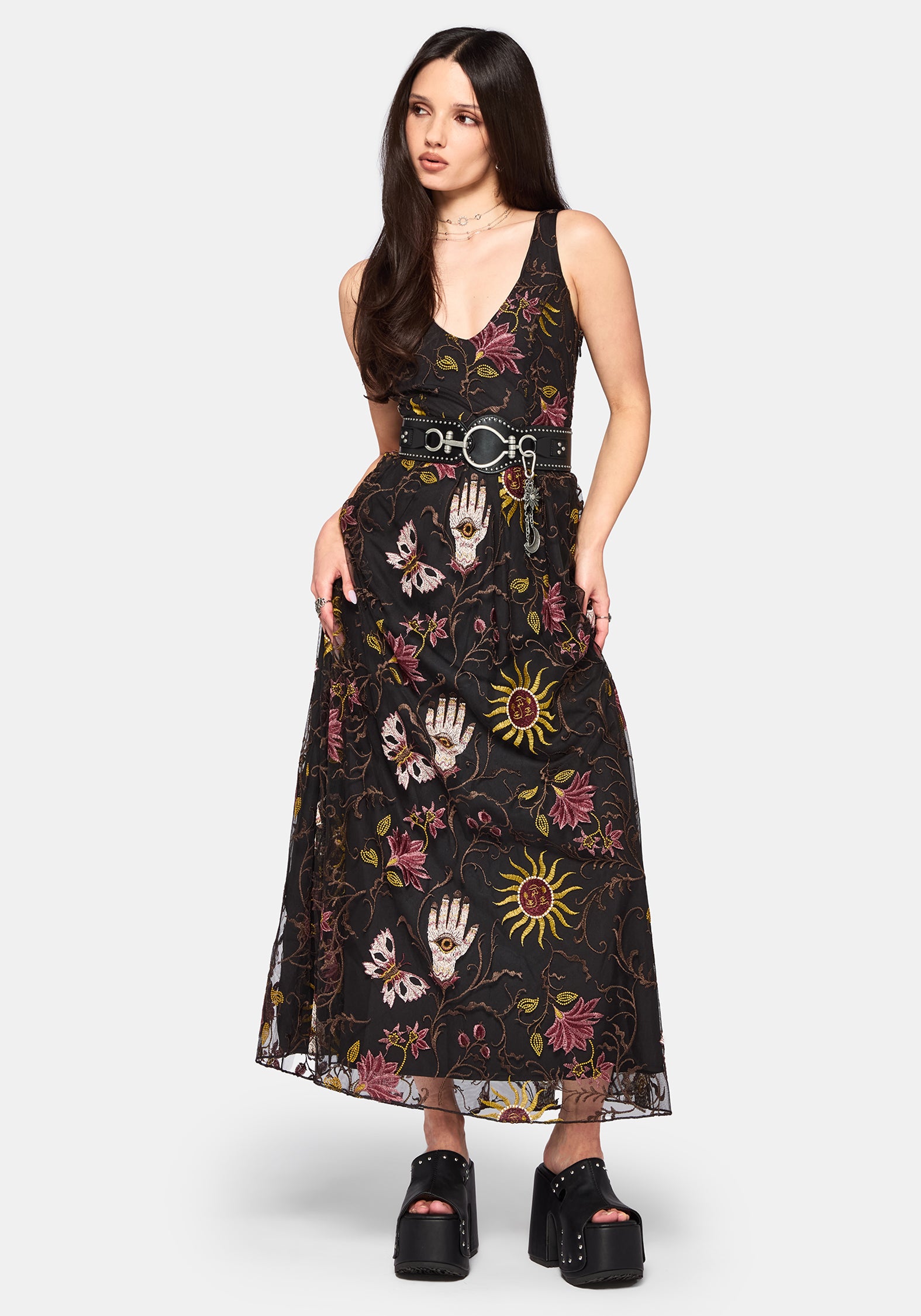 Angela Folk Embroidered Mesh Gown