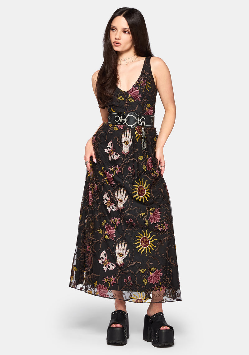 sachin and babi light blue dress Black Placed Floral Embroidered Mesh Woven Belted Maxi Dress main image 1