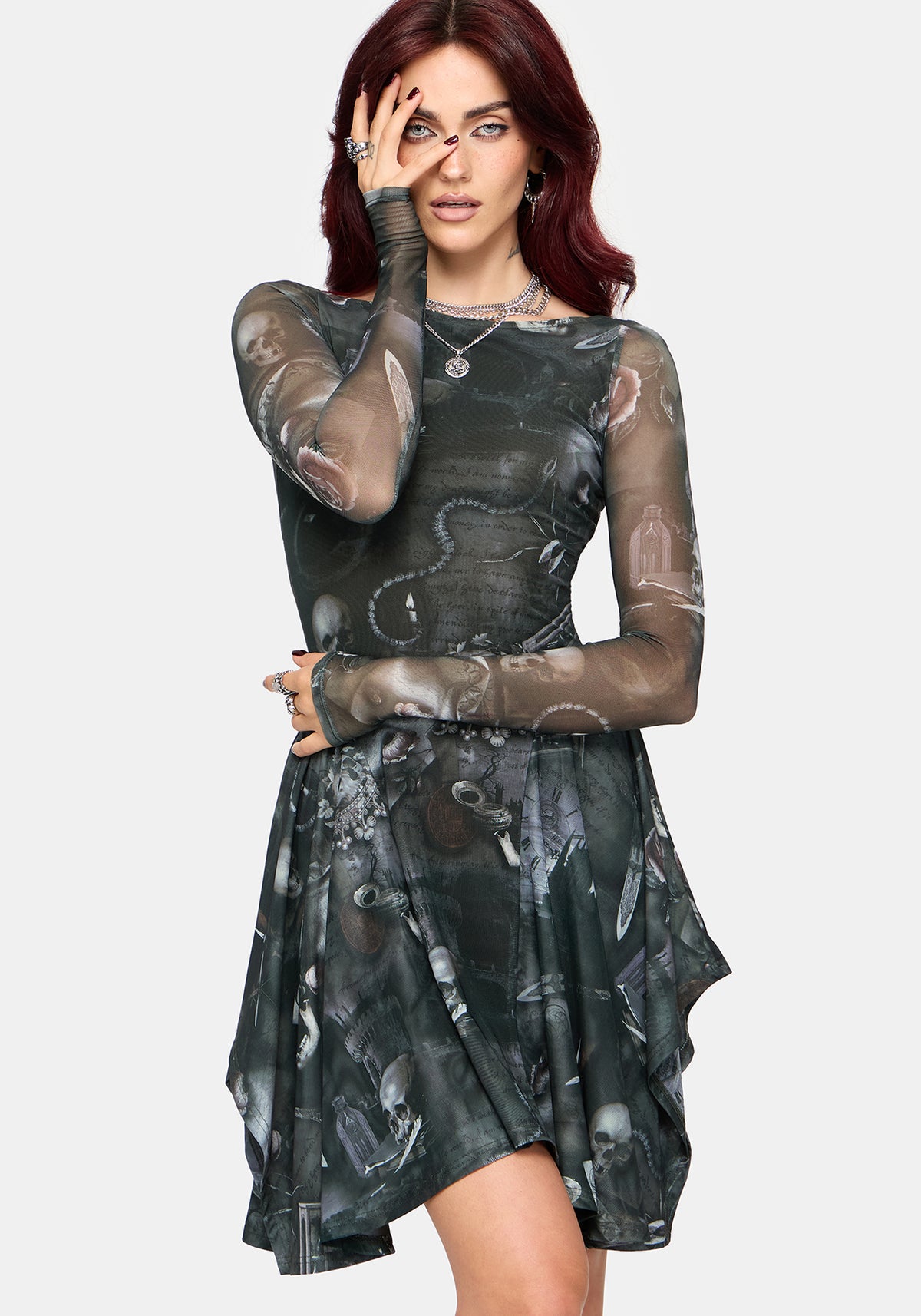 Nox Print Mesh Panelled Rock Minikleid