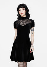 Cameo Hoch Hals Beflockt Mesh Insert Skater Mini Kleid
