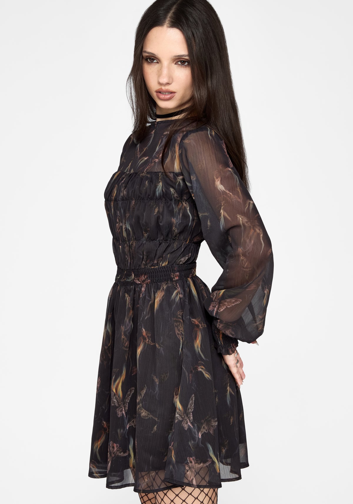 Ember Moth Print Chiffon Gesmokt Minikleid