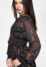 Ember Moth Print Chiffon Gesmokt Minikleid