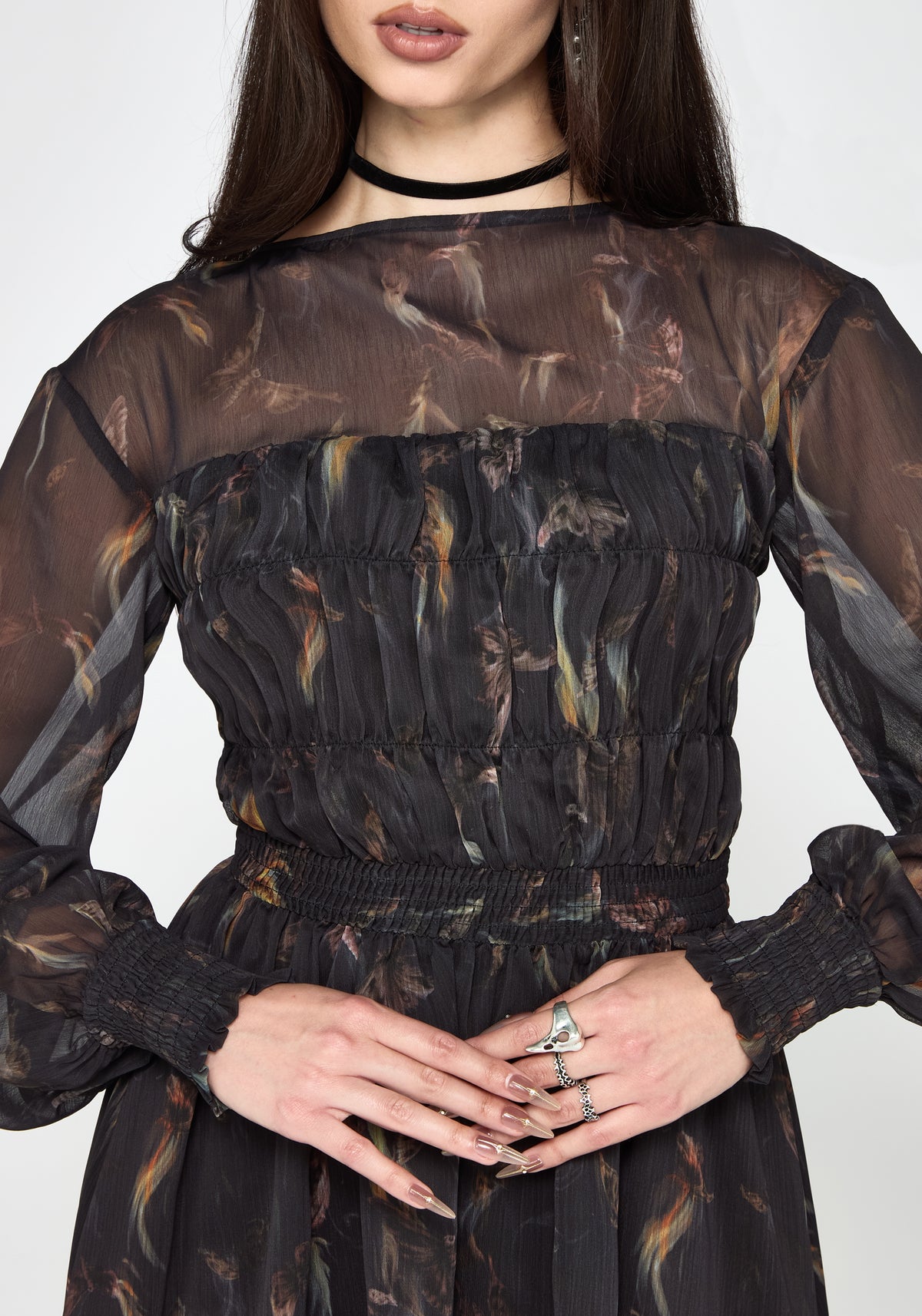 Ember Moth Print Chiffon Gesmokt Minikleid