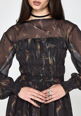 Ember Moth Print Chiffon Gesmokt Minikleid