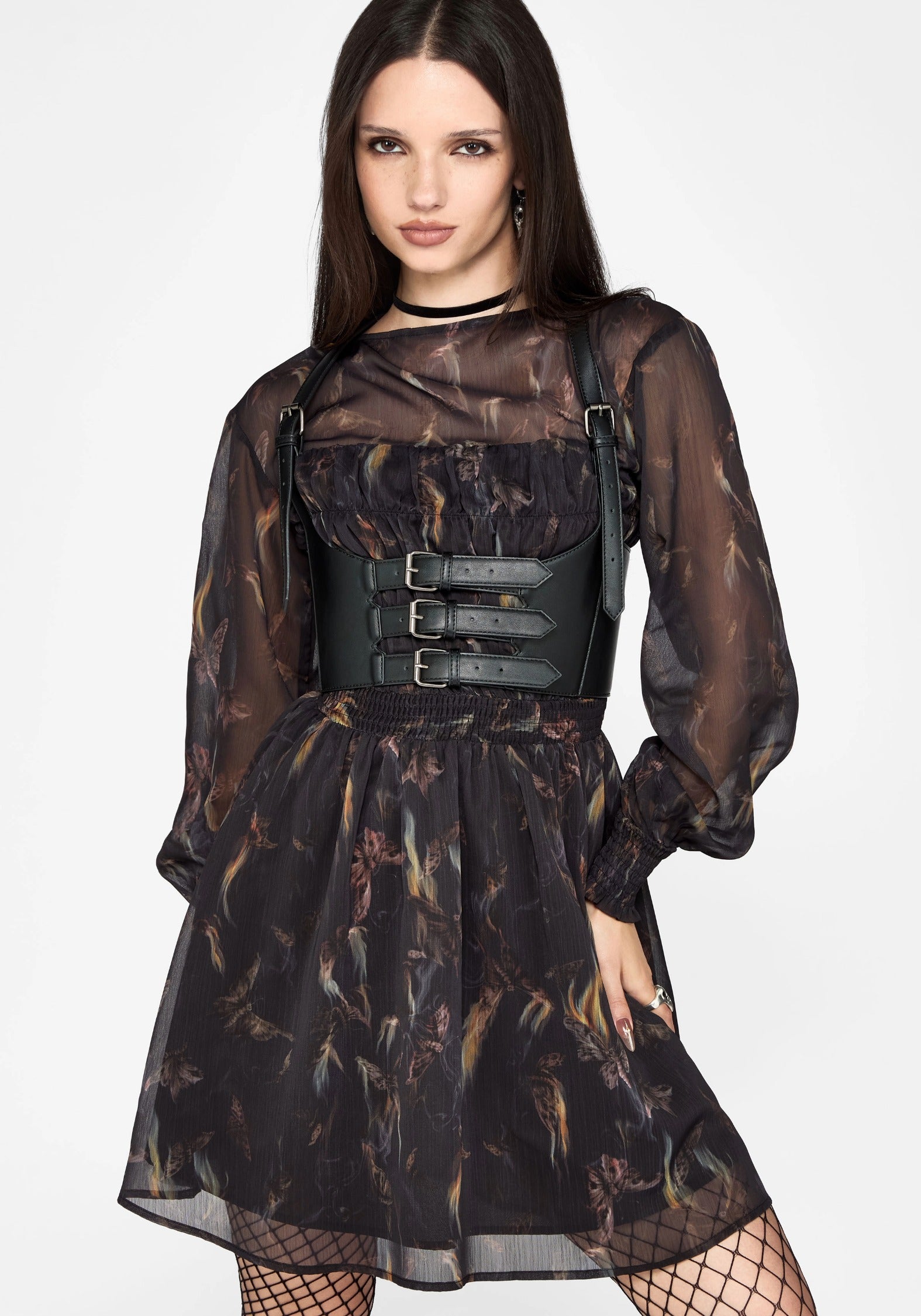Ember Moth Print Chiffon Gesmokt Minikleid