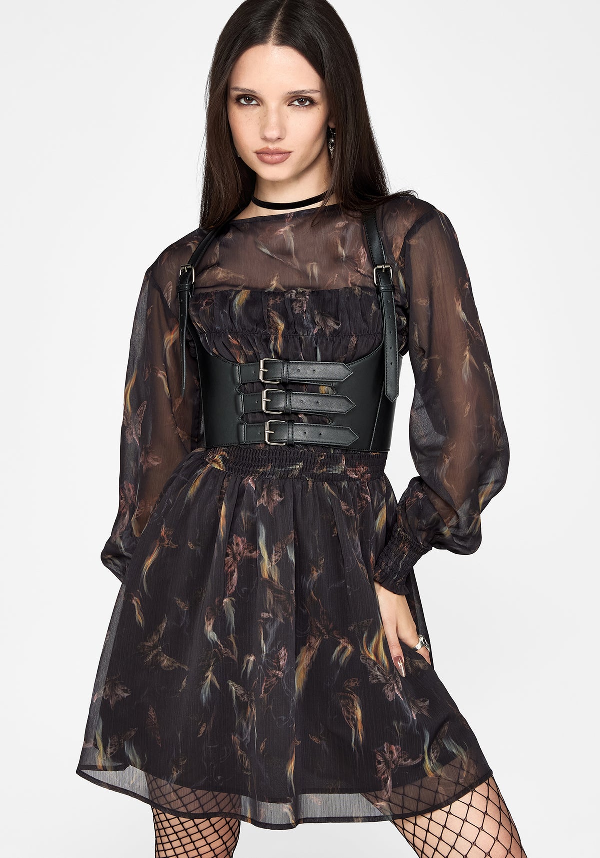 Ember Moth Print Chiffon Gesmokt Minikleid