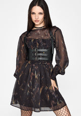 Ember Moth Print Chiffon Gesmokt Minikleid