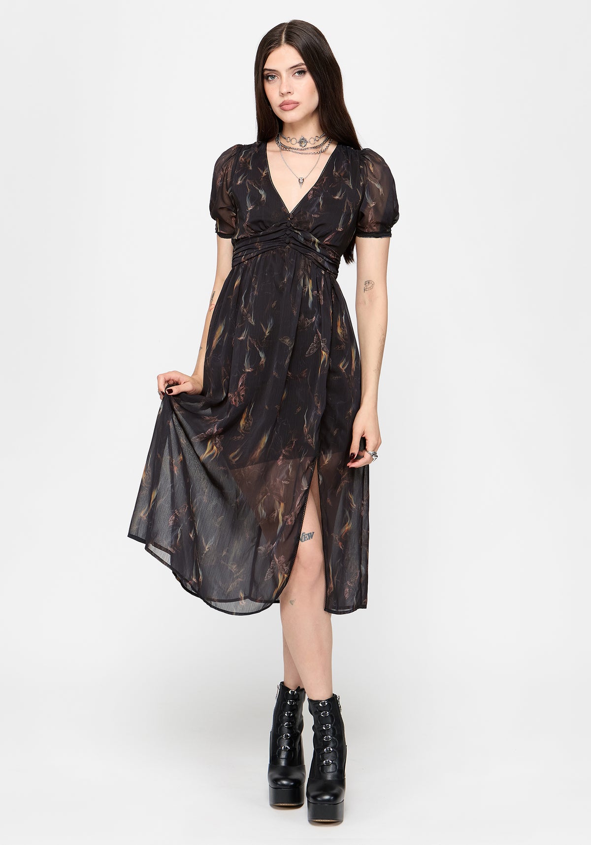 Ember Moth Print Chiffon Wickel Midikleid