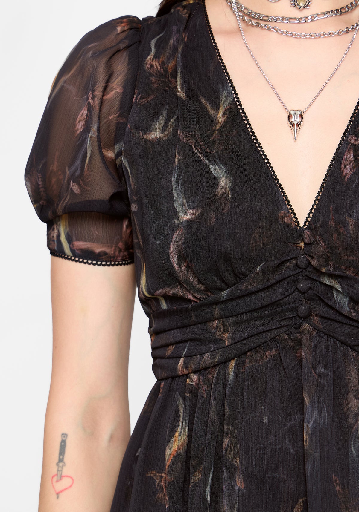 Ember Moth Print Chiffon Wickel Midikleid