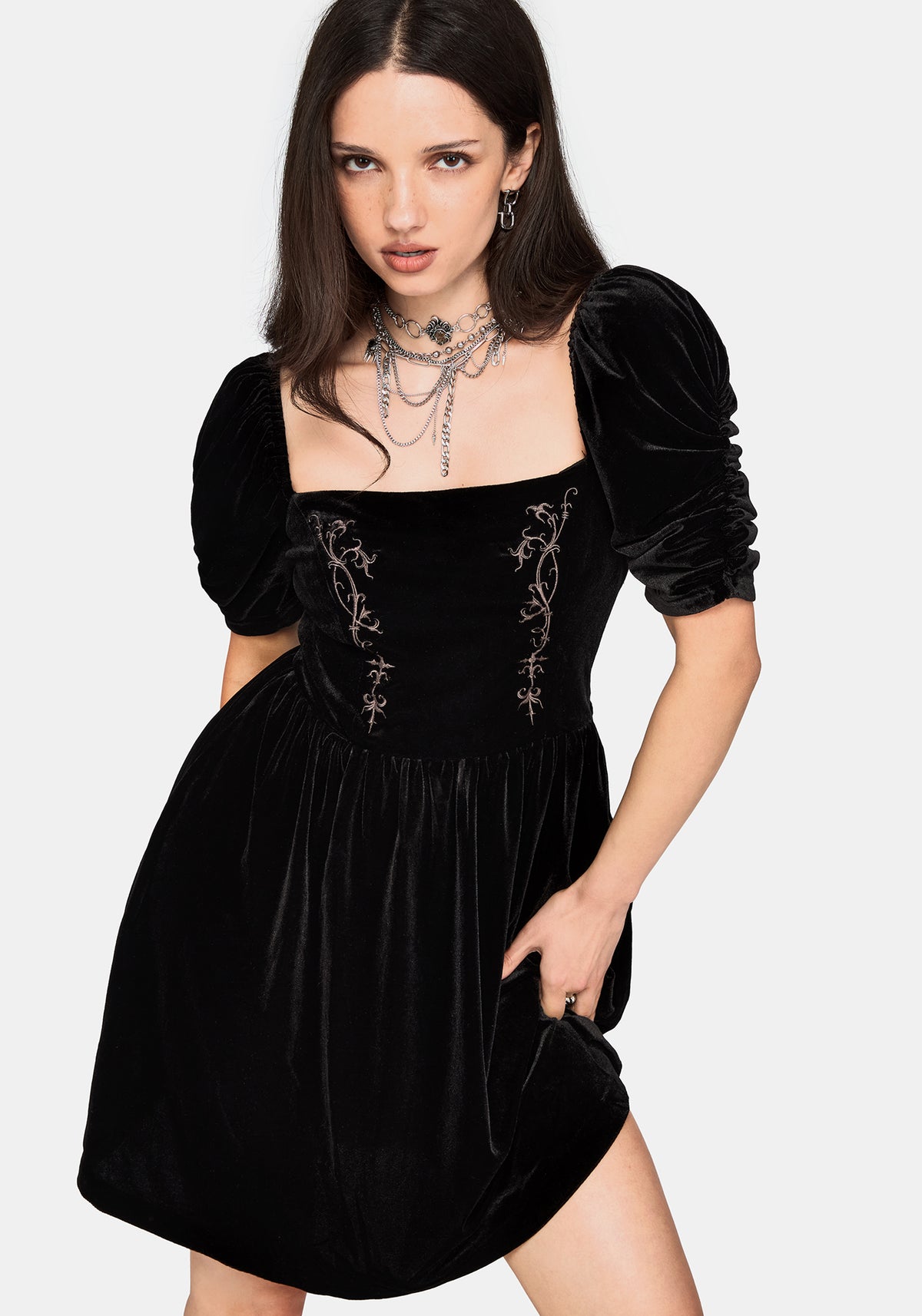 Rasque Bestickt Gerafft Ärmel Velours Minikleid