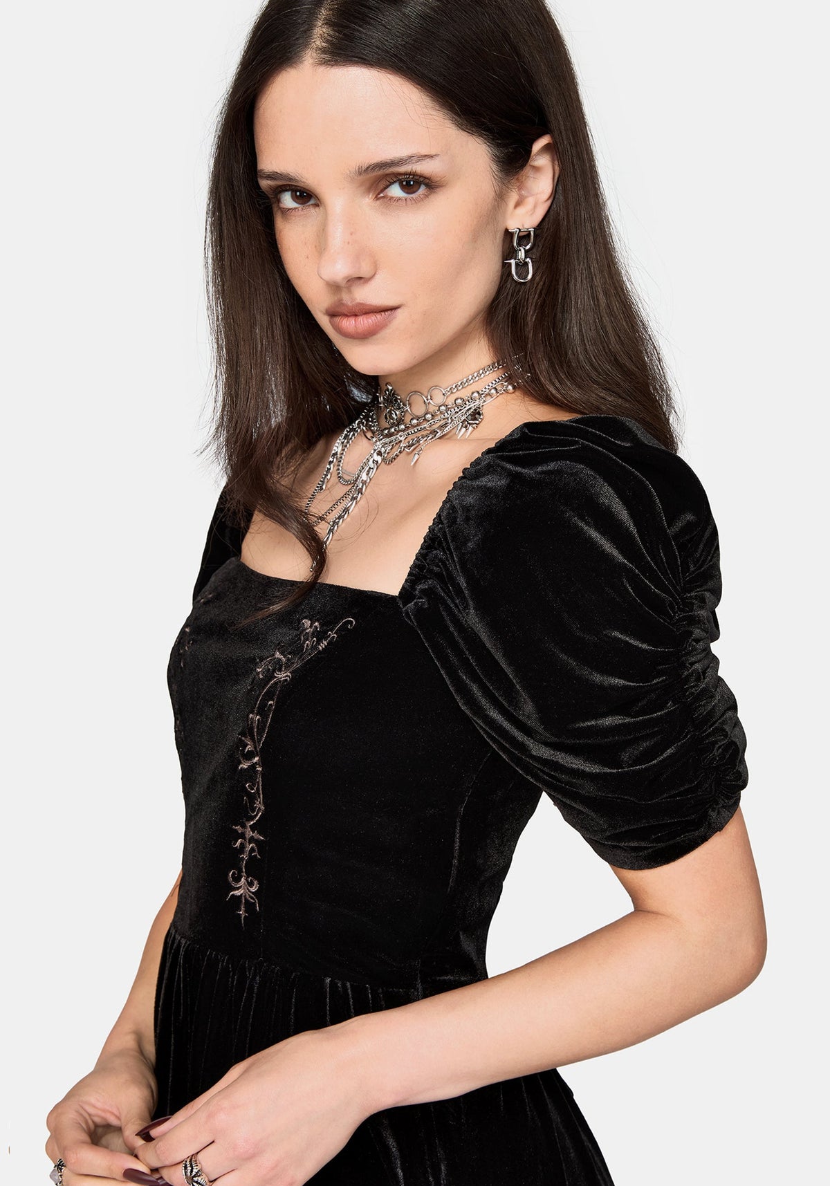 Rasque Bestickt Gerafft Ärmel Velours Minikleid