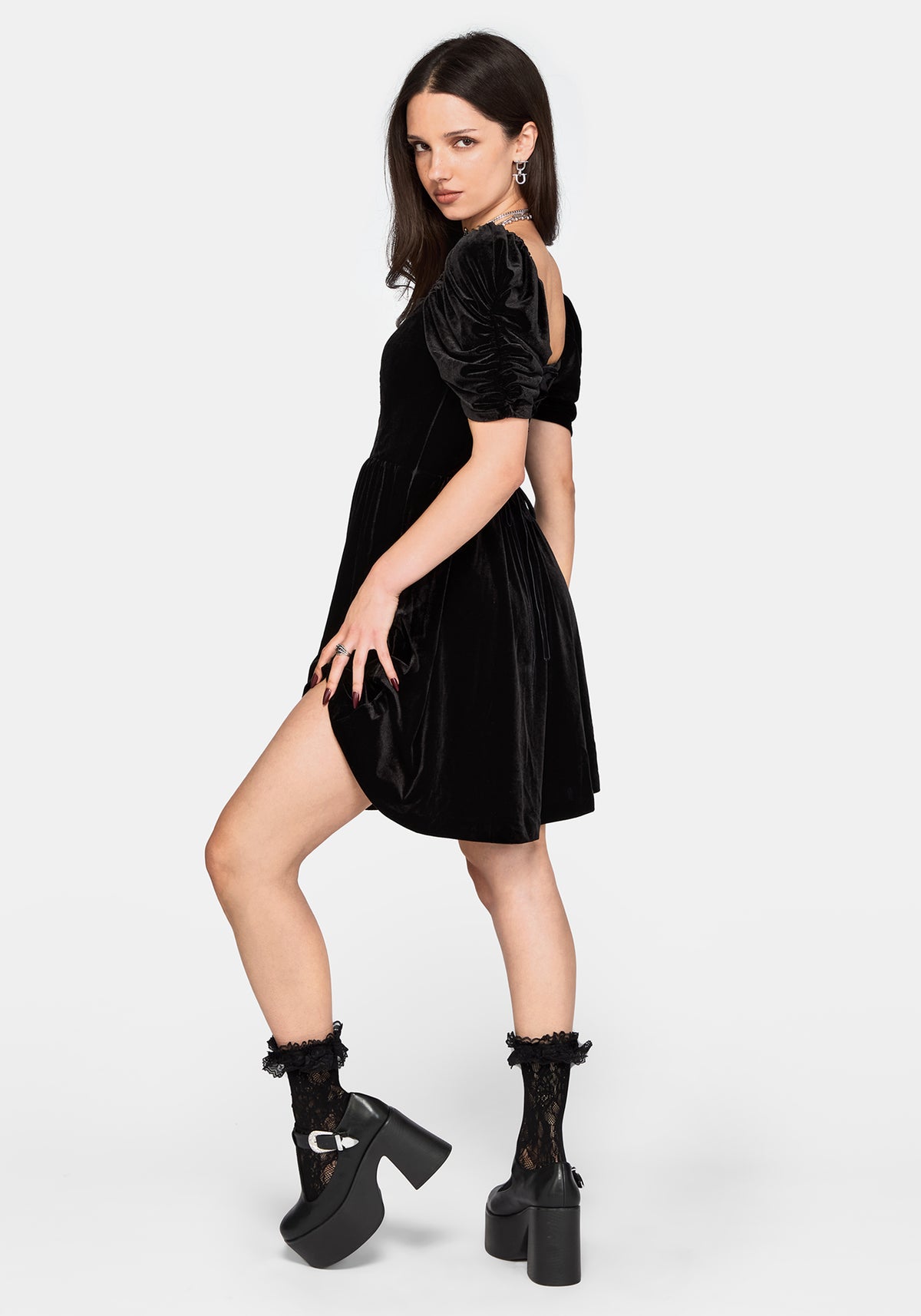 Rasque Bestickt Gerafft Ärmel Velours Minikleid
