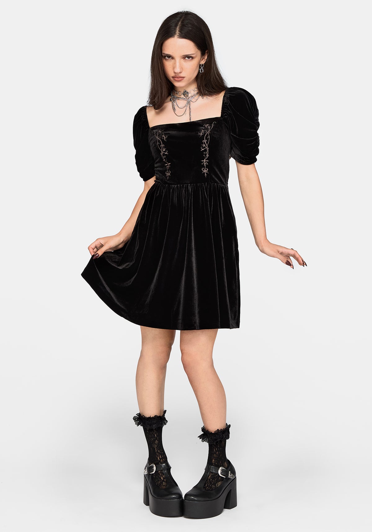 Rasque Bestickt Gerafft Ärmel Velours Minikleid