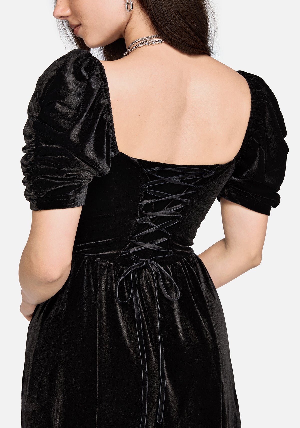 Rasque Bestickt Gerafft Ärmel Velours Minikleid