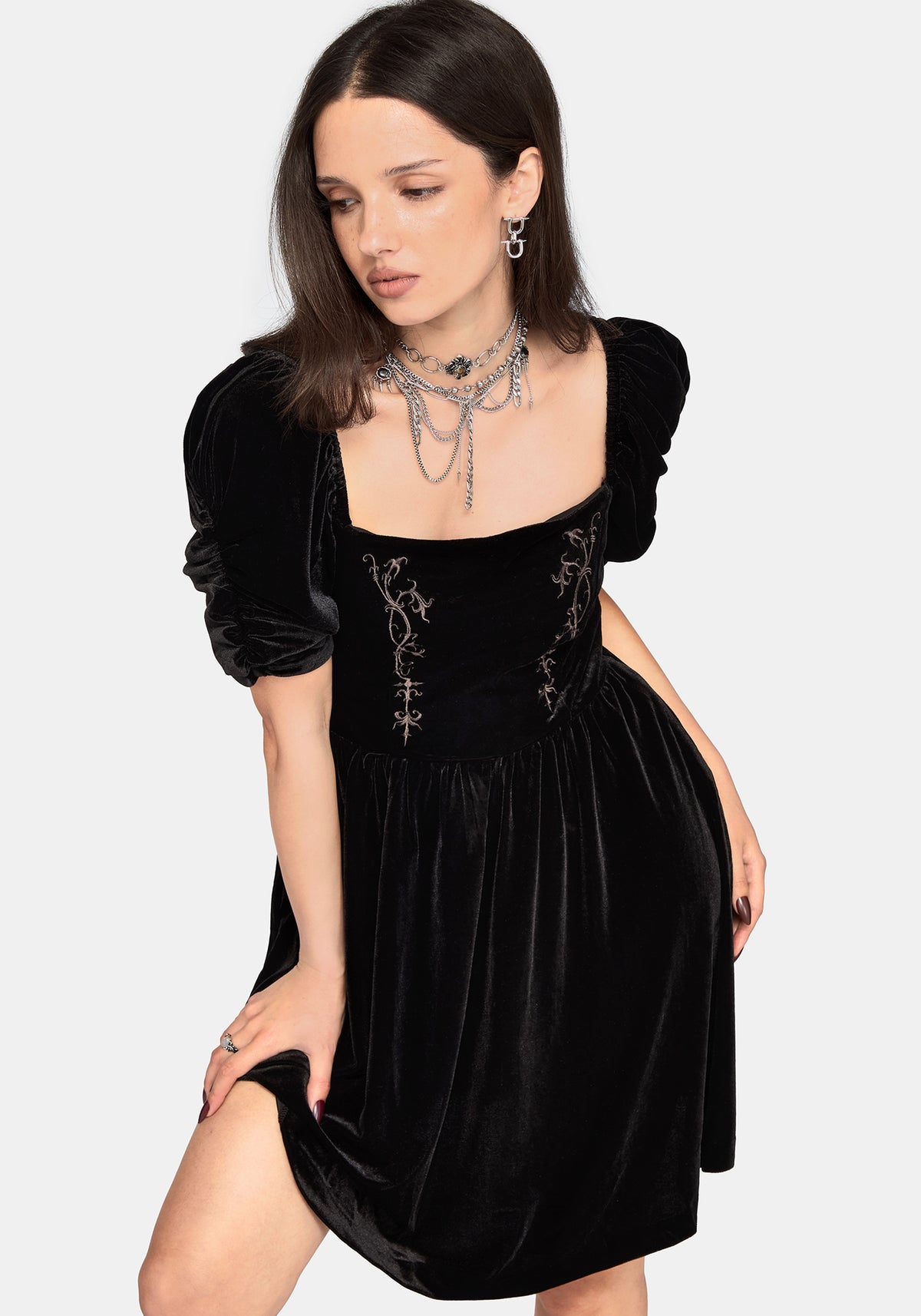 Rasque Bestickt Gerafft Ärmel Velours Minikleid