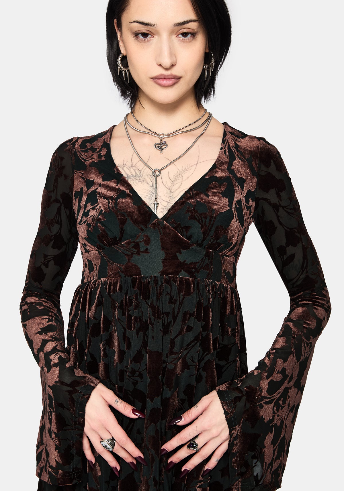 Dakota Devore Velours Ausgestellt Ärmel Mini Kleid