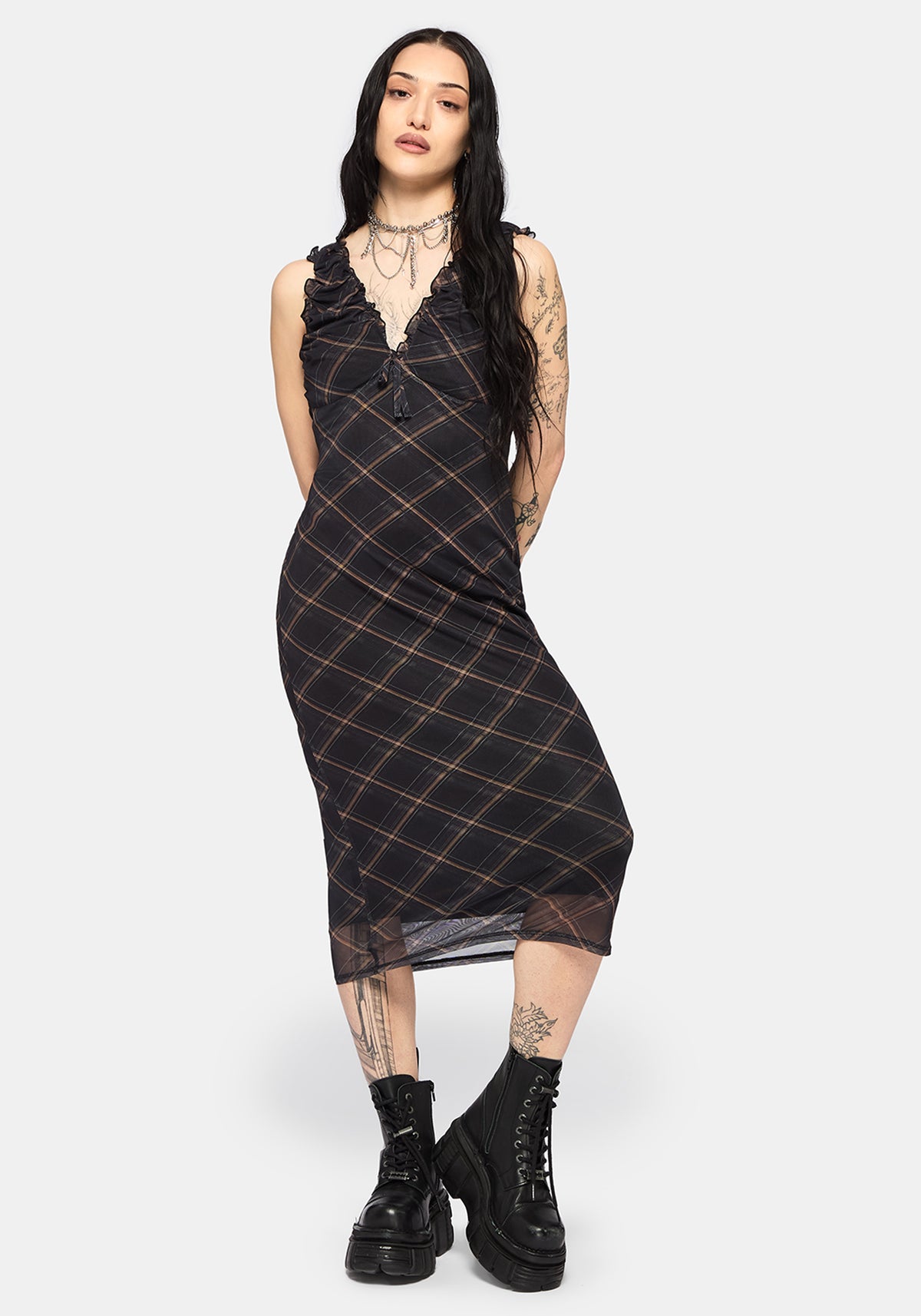 Sorrowelle Checked Mesh Midi Kleid