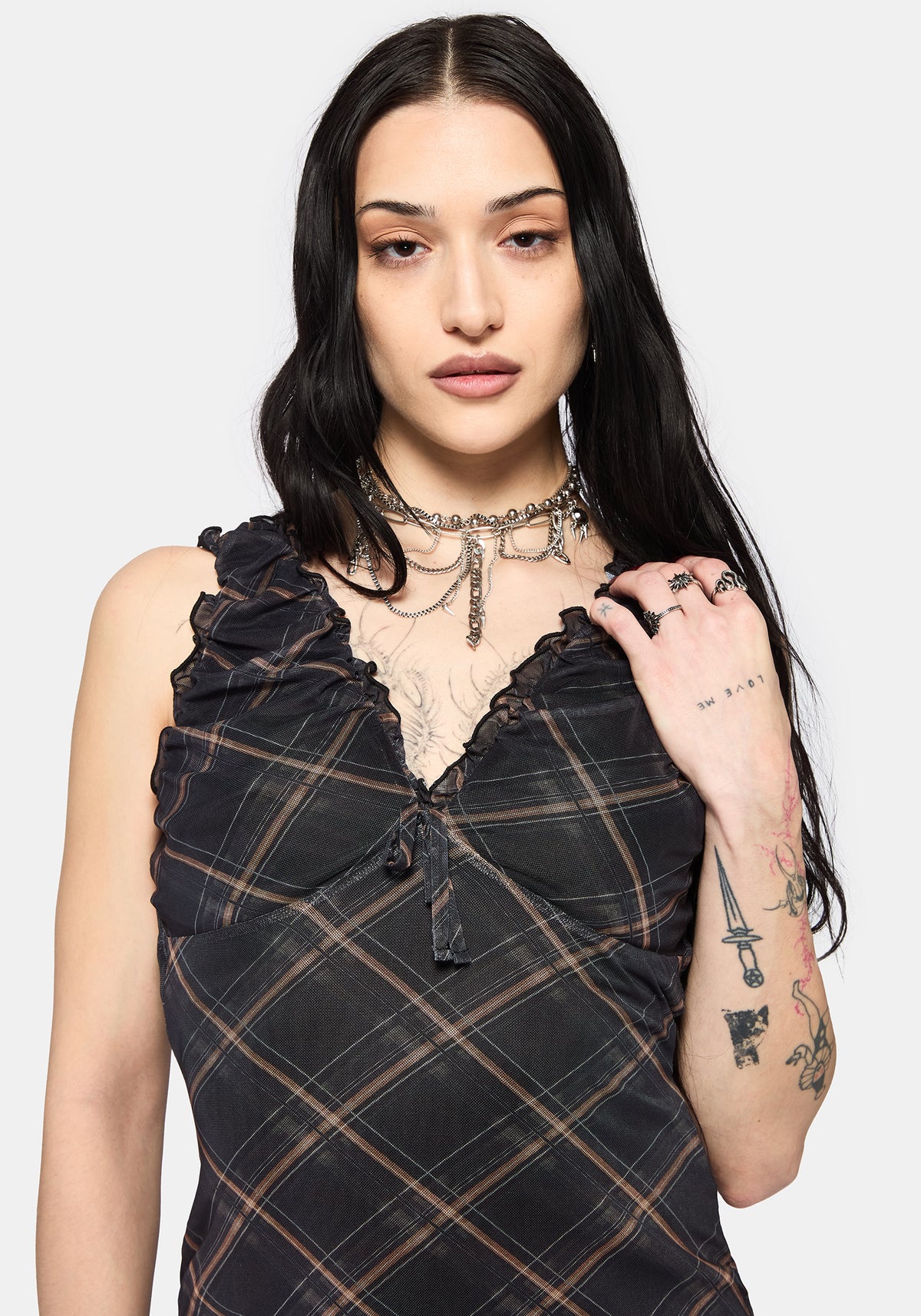 Sorrowelle Checked Mesh Midi Kleid