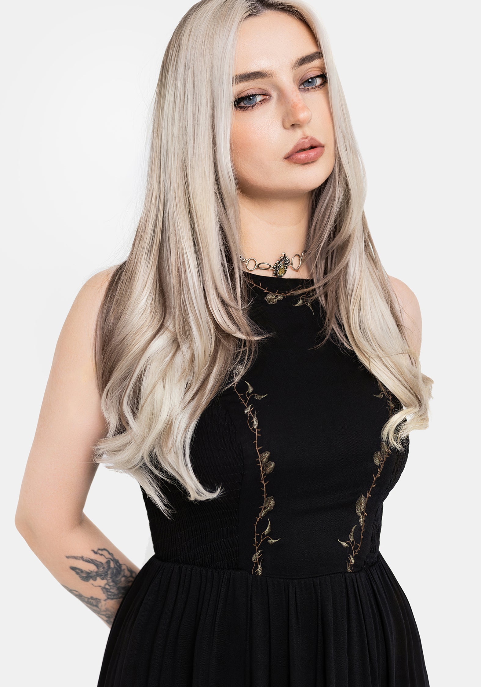 Rootweave Embroidered Shirred Side Midi Dress