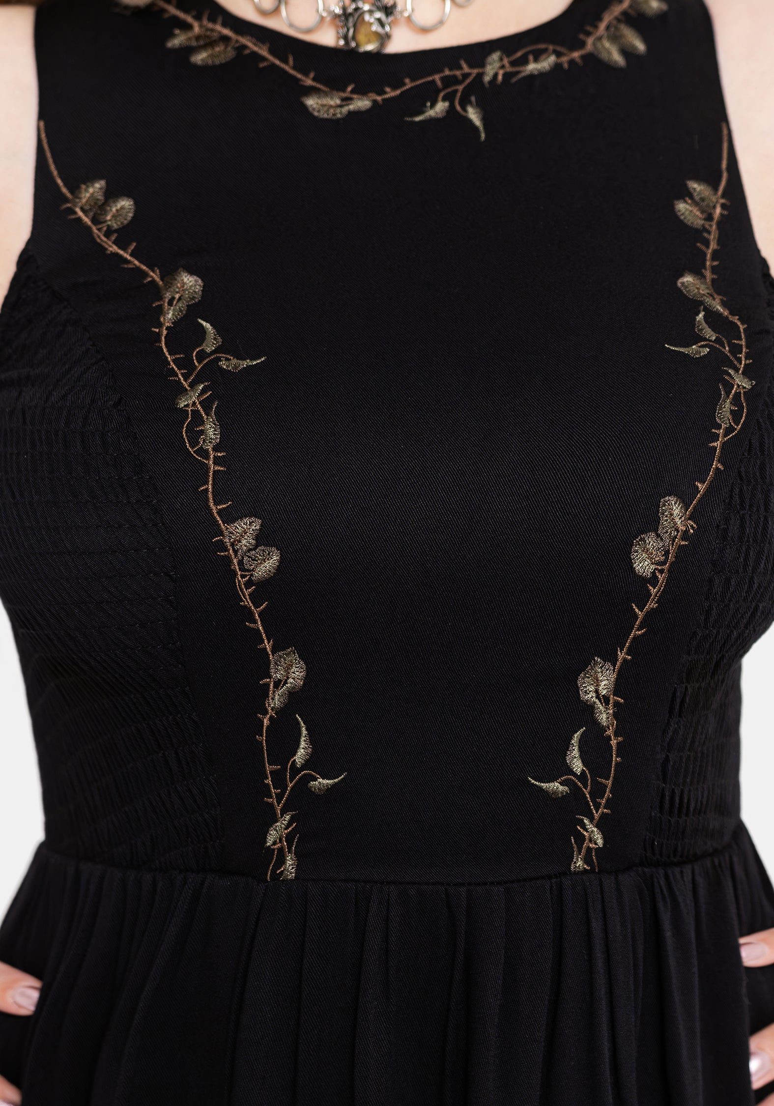 Rootweave Embroidered Shirred Side Midi Dress