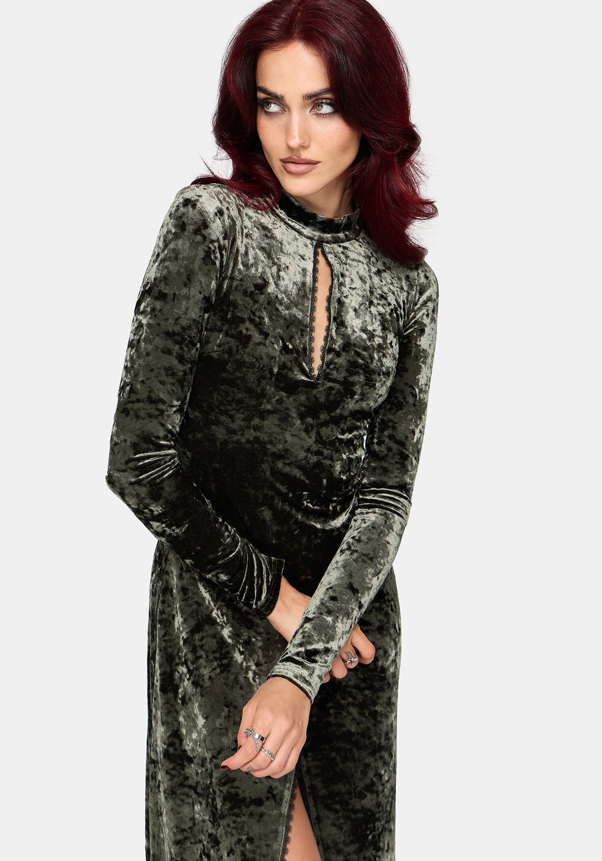 Nellie Green Velour Lace Trim Midi Dress EU 34