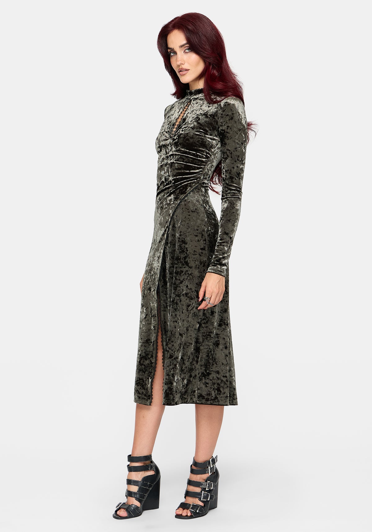 Nellie Green Velour Lace Trim Midi Dress EU 34
