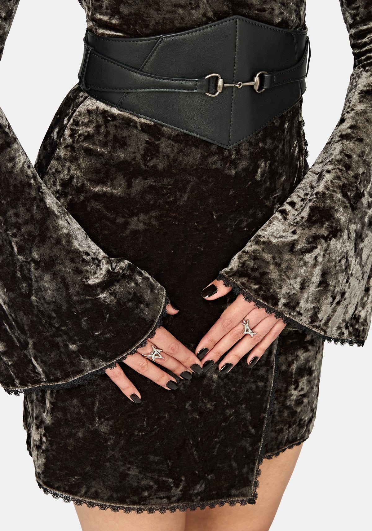 Nellie Grün Velours Slash Hals Minikleid