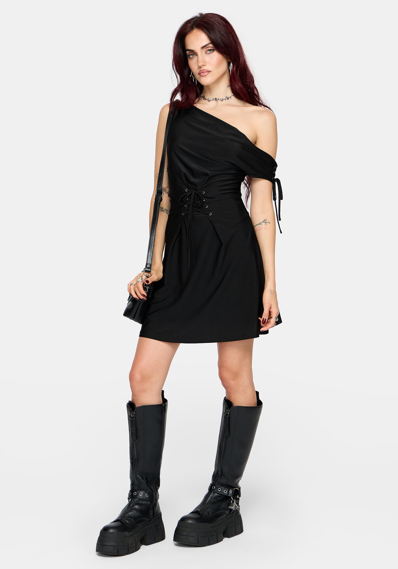 Noctavia Cowl Neck Lace up Mini Dress