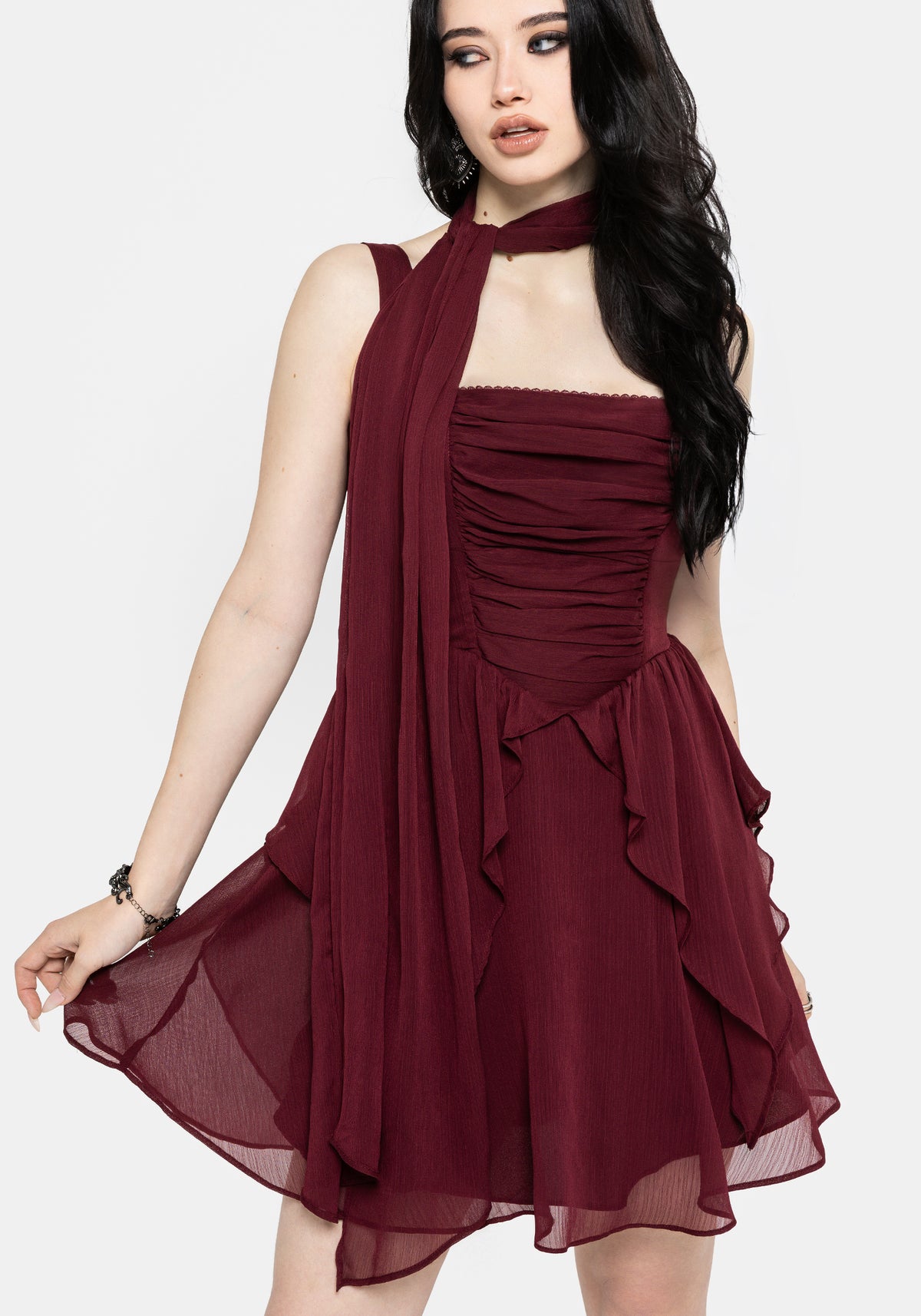 Siren Chiffon Picot Trim Mini Dress With Scarf (Two-Piece) EU 34