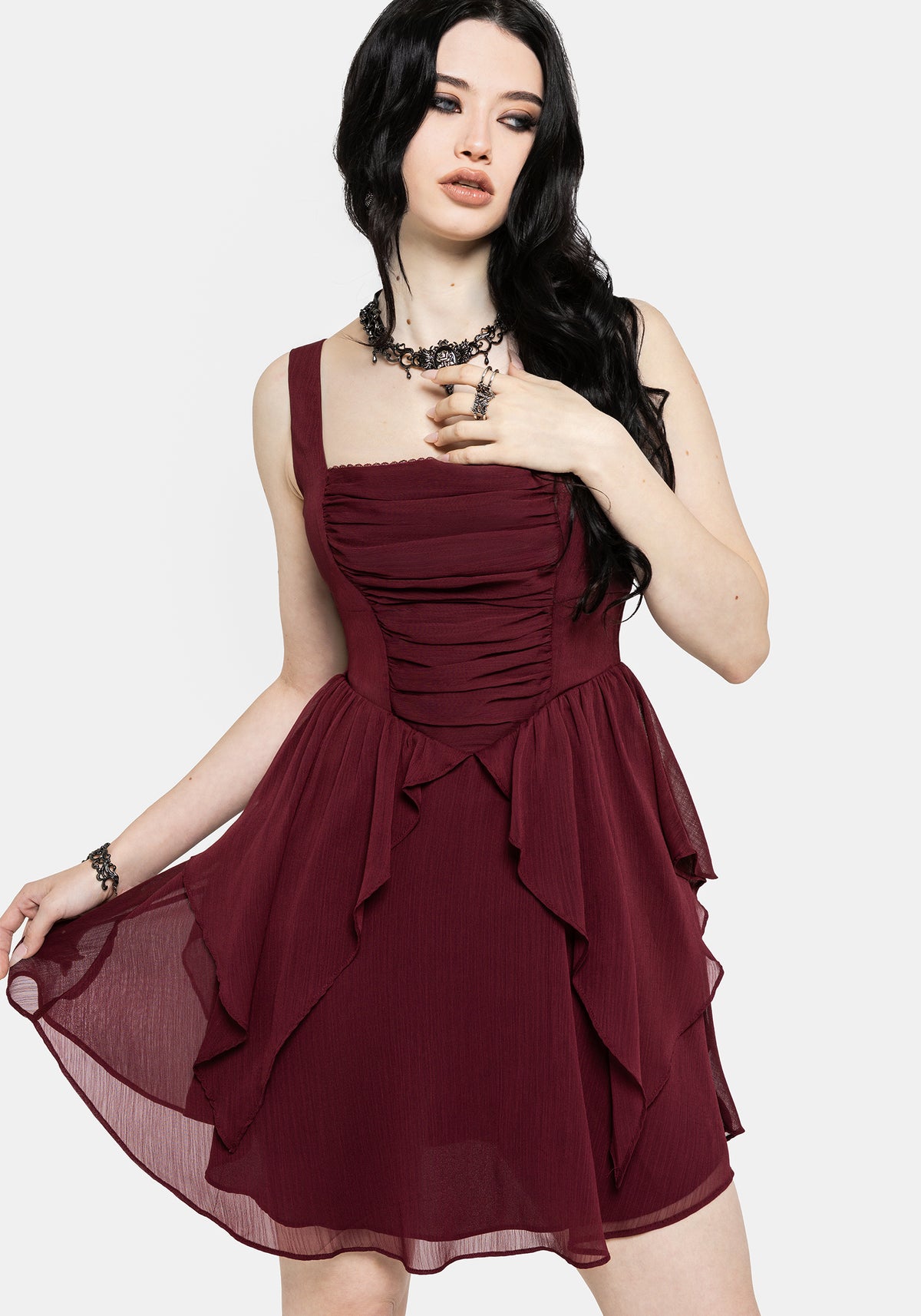 Siren Chiffon Picot Trim Mini Dress With Scarf (Two-Piece) EU 34