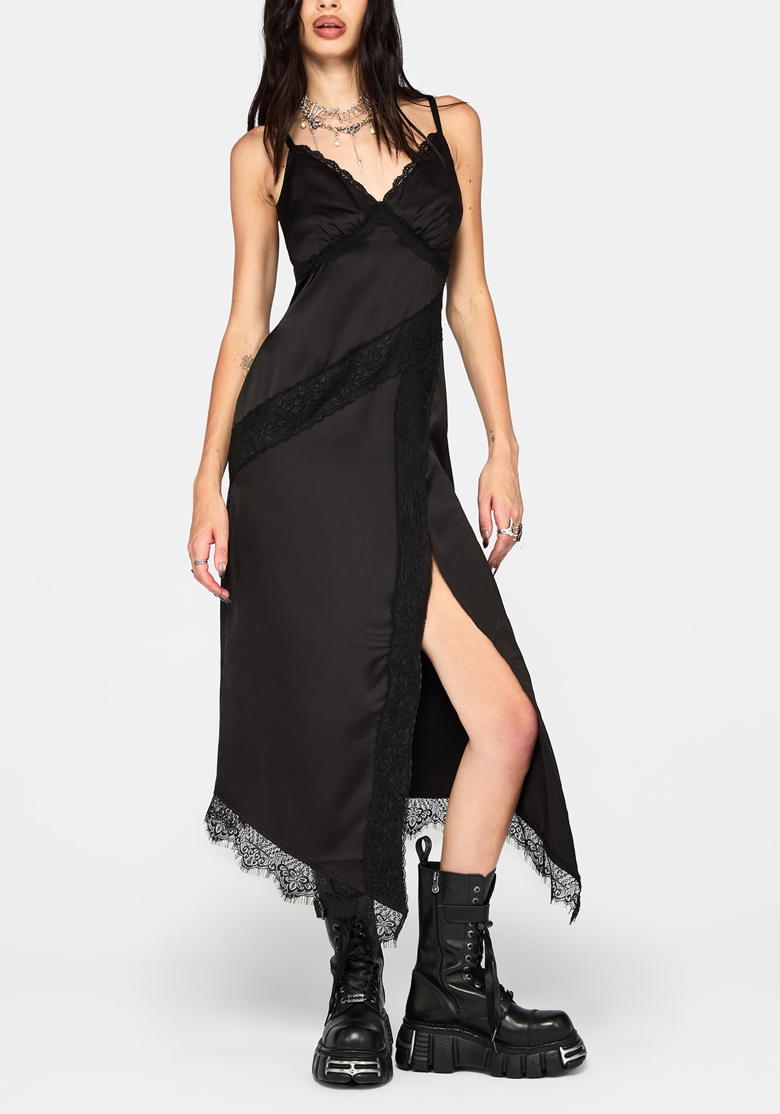 Tova Lace Trim Asymmetric Midaxi Dress