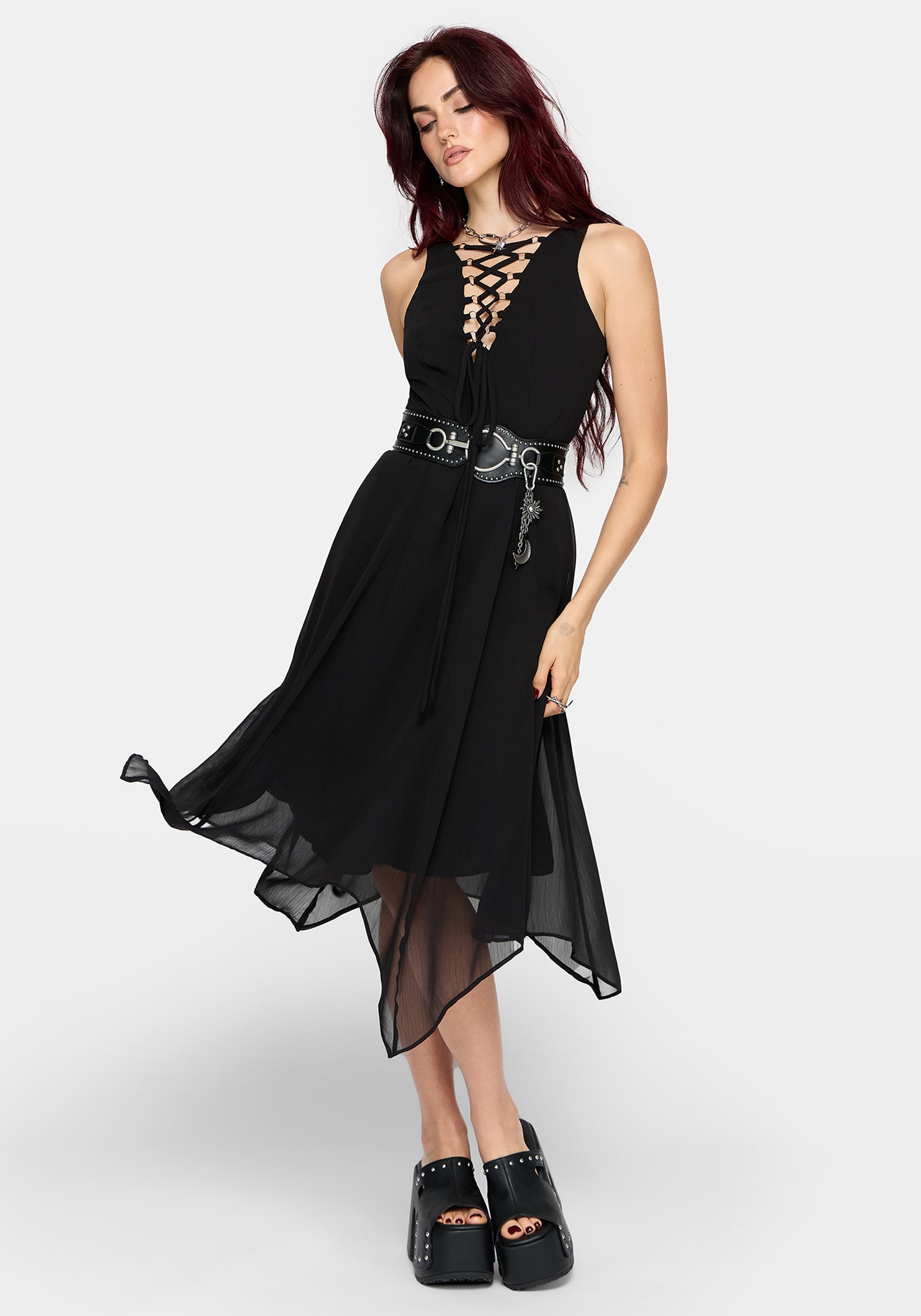 Luciana Lace Up Neck Chiffon Midi Dress