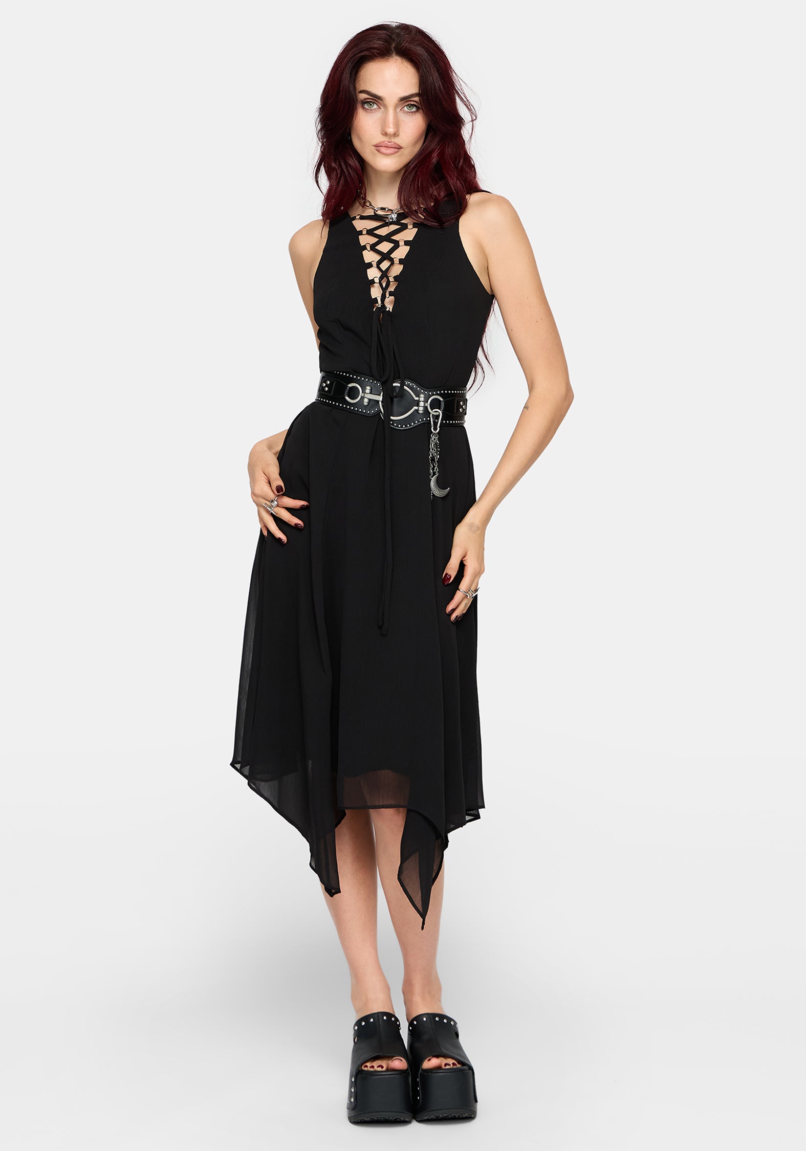 Luciana Lace Up Neck Chiffon Midi Dress