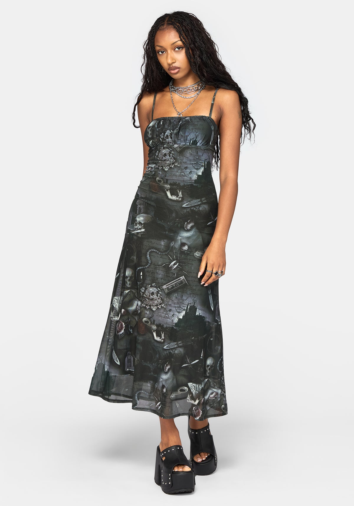 Nox Print Mesh Gerafft Bust Camisole Kleid