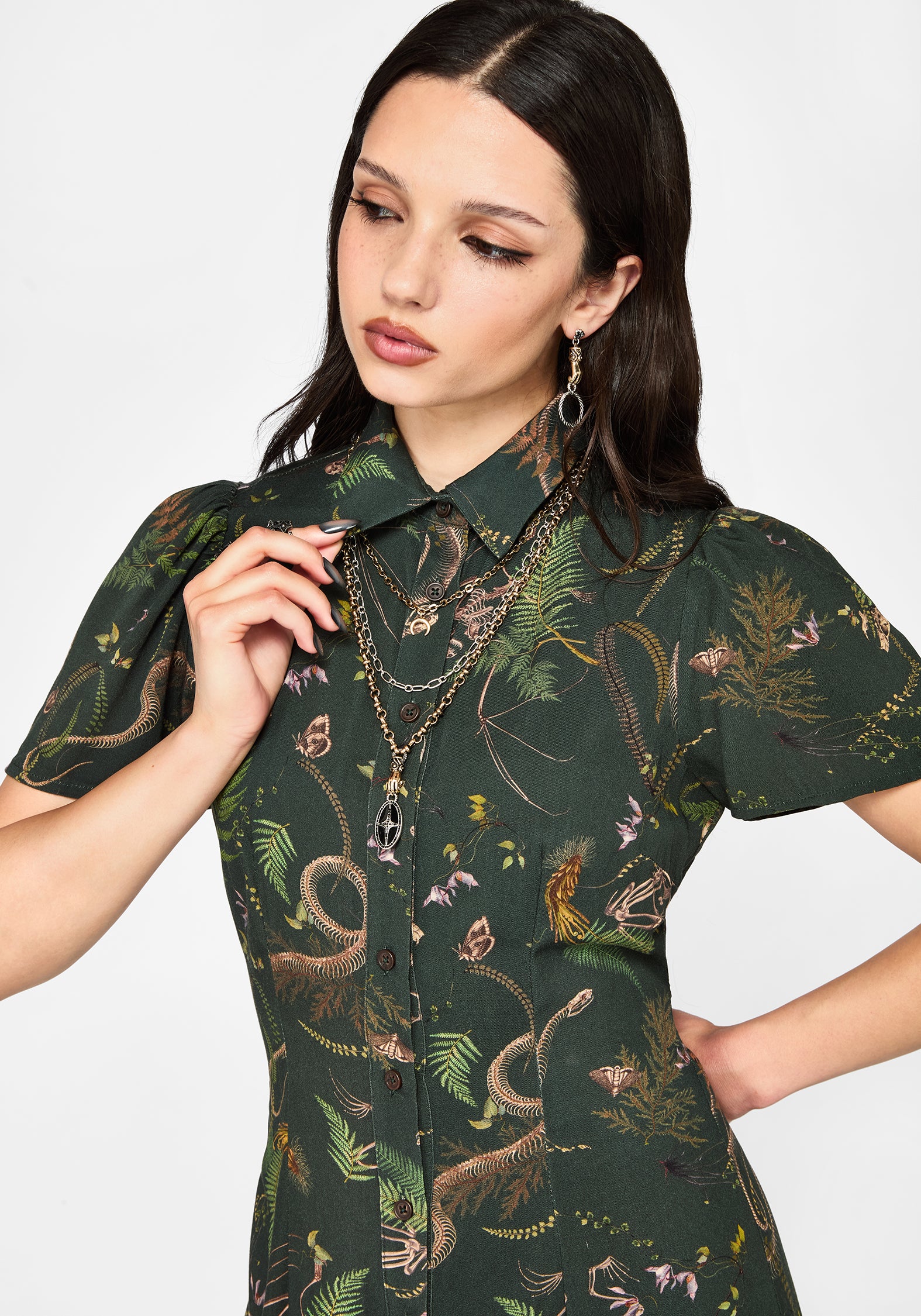 Noctaris Print Fitted Midi Shirt Dress