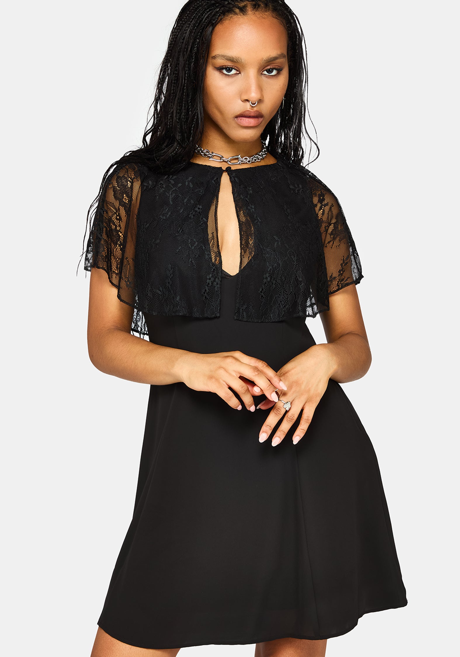 Yasmine Lace Cape Keyhole Mini Dress