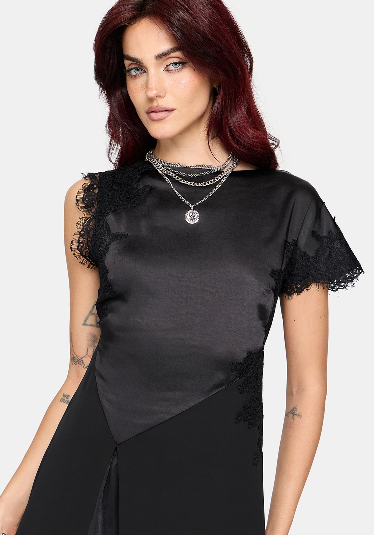 Lucretia Lace Kontrast Asymmetrisch Midikleid