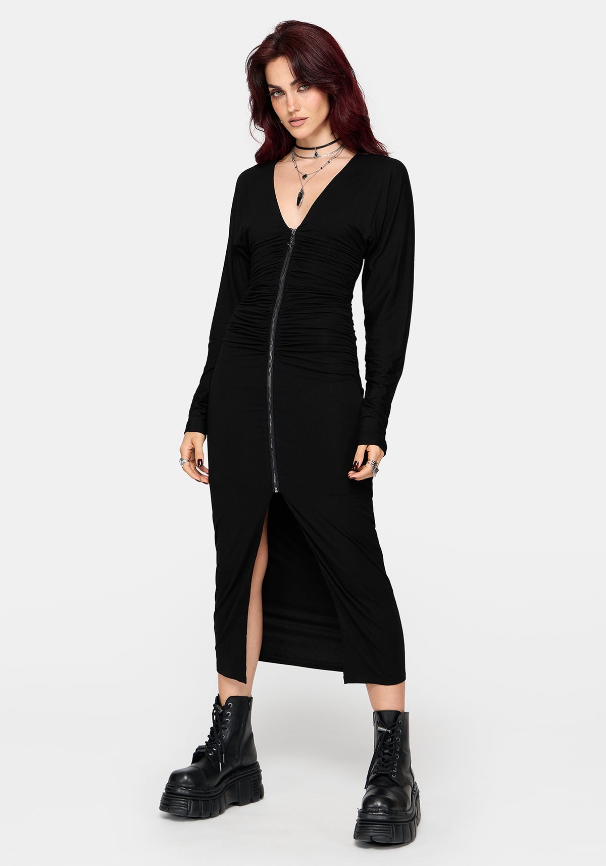 Vanthe Frontreißverschluss Batwing Ärmel Jersey Midaxi Kleid