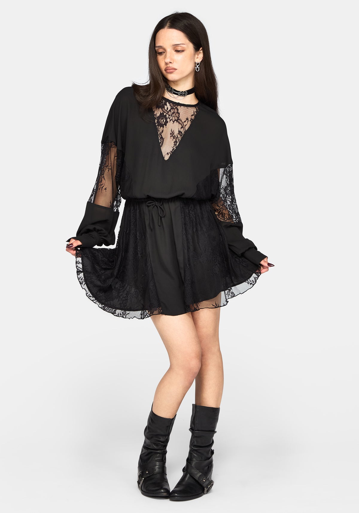 Frida Blouson Ärmel Lace Panelled Minikleid