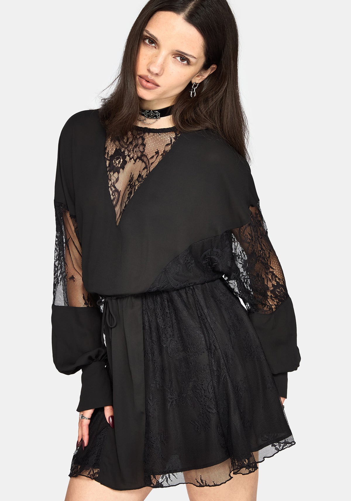 Frida Blouson Ärmel Lace Panelled Minikleid