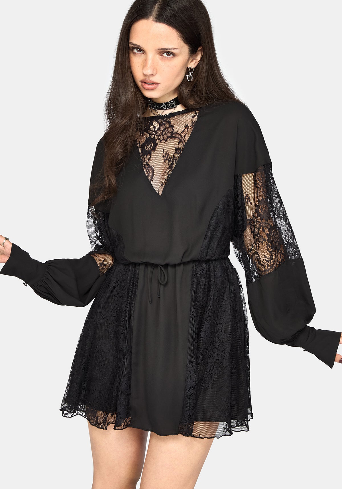 Frida Blouson Ärmel Lace Panelled Minikleid