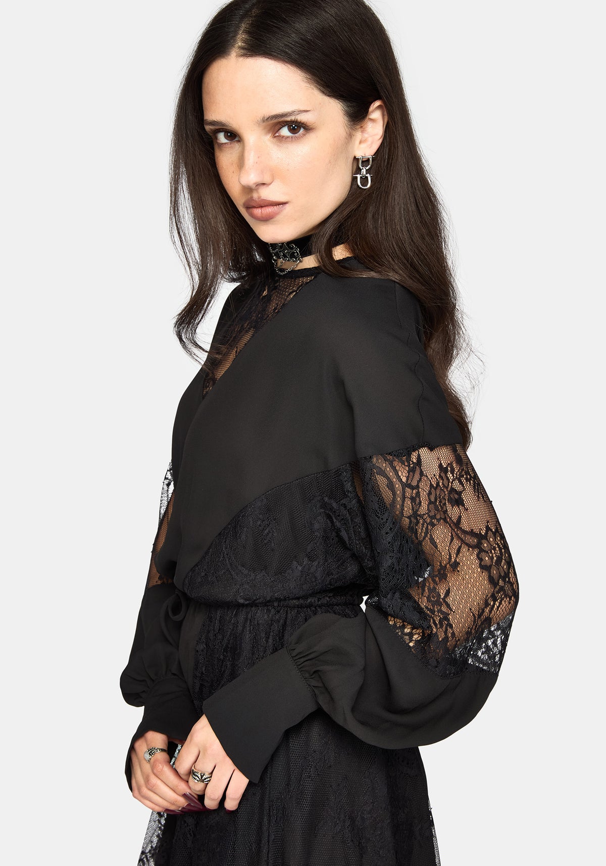 Frida Blouson Ärmel Lace Panelled Minikleid