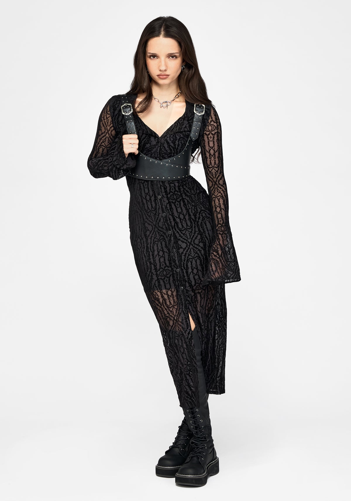 Riven Beflockt Gerafft Vorderseite Midaxi Kleid