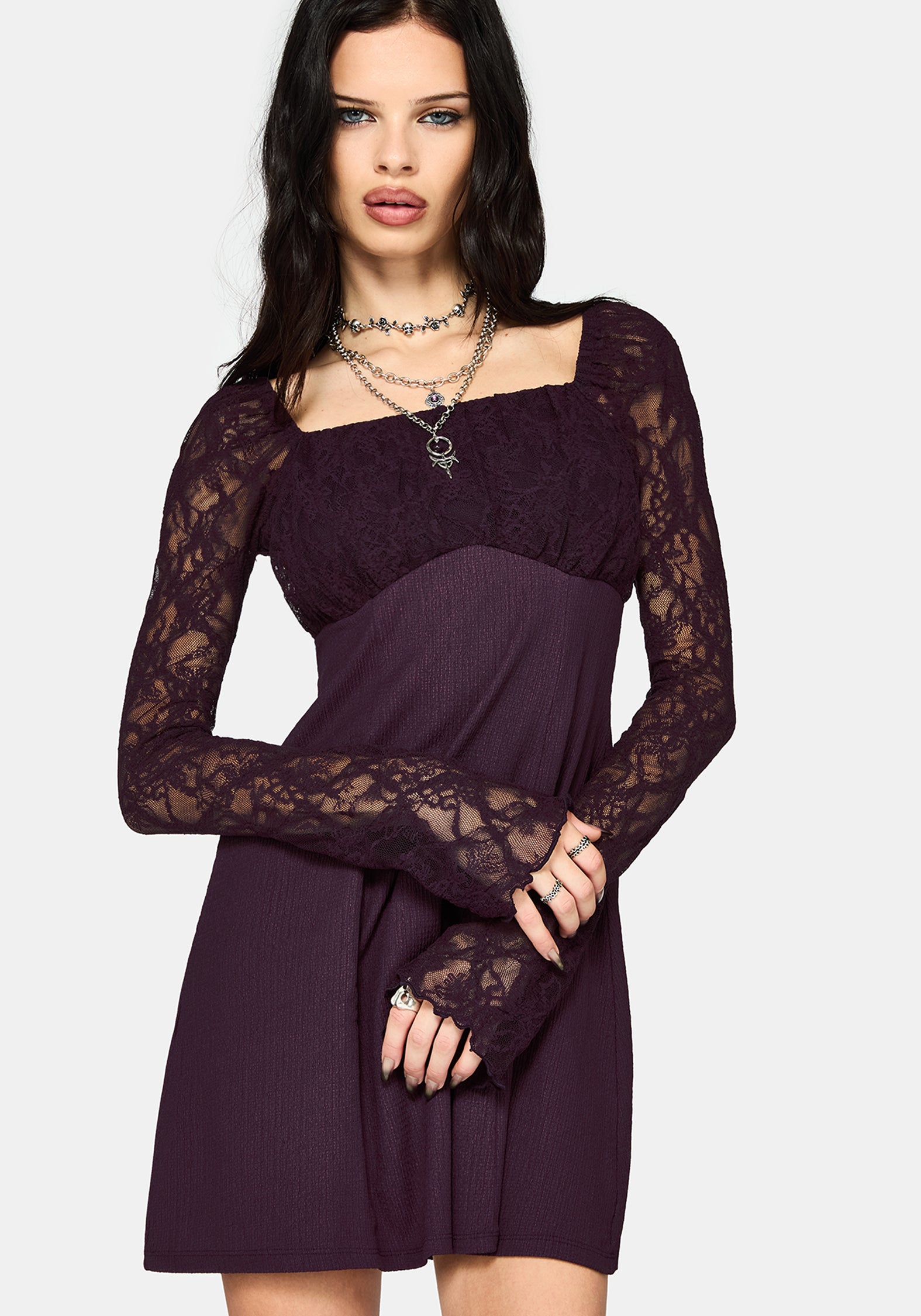 Georgina Empire Waist Lace Sleeve Mini Dress