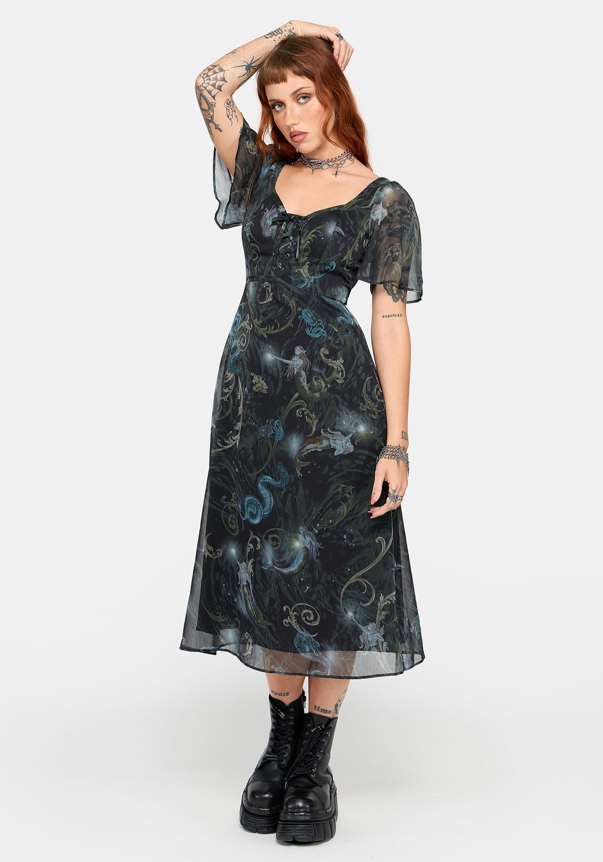 Seluna Lace Up Front Chiffon Midi Dress