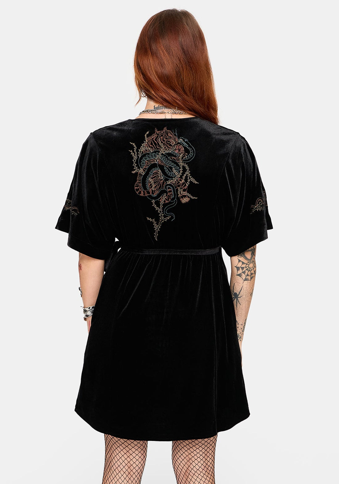Tigris Embroidered Velour Wrap Kimono Mini Dress