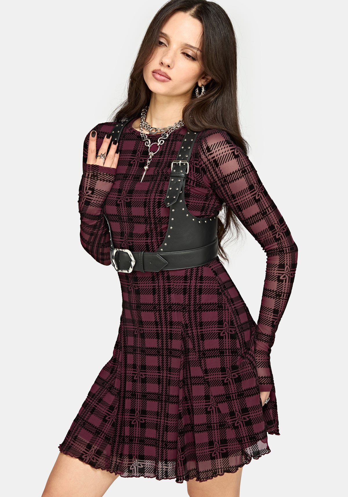 Vesica Beflockt Witches Knot Godet Minikleid - Burgunderrot