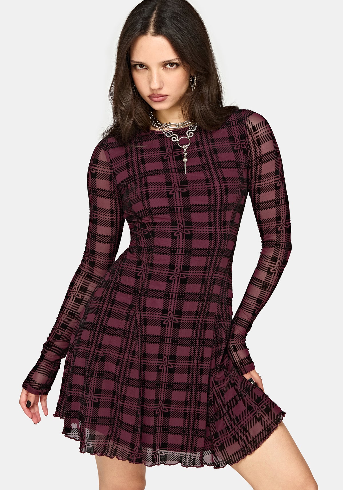 Vesica Beflockt Witches Knot Godet Minikleid - Burgunderrot